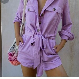 Express X Rocky Barnes Women’s Size XS Lilac Long-Sleeve Button Romper.